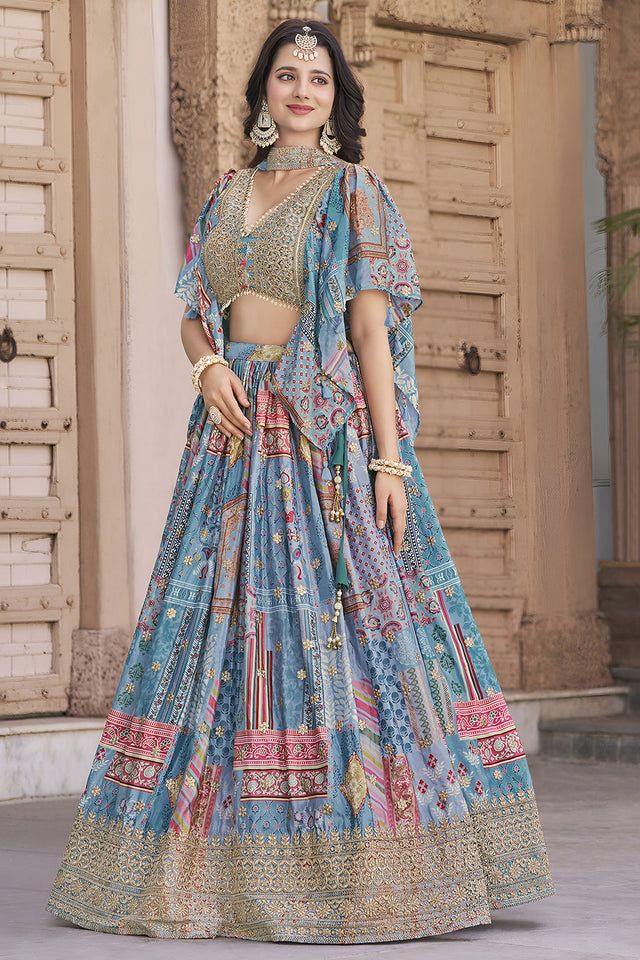 Light Blue Printed with Sequin Lehenga