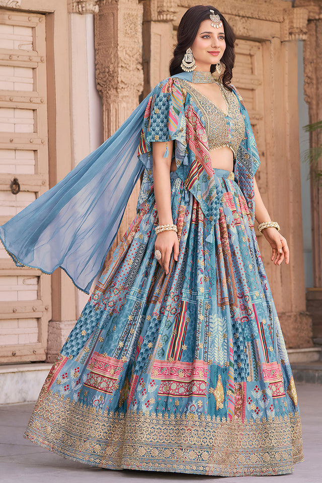 Light Blue Printed with Sequin Lehenga