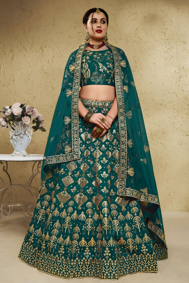 Green Sequin with Embroidered Art Silk Lehenga (7055-GREEN)