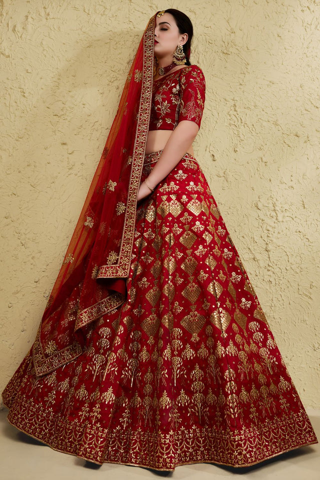 Red Sequin with Embroidered Art Silk Lehenga (7055-RED)