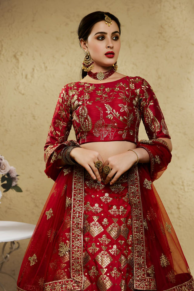 Red Sequin with Embroidered Art Silk Lehenga (7055-RED)
