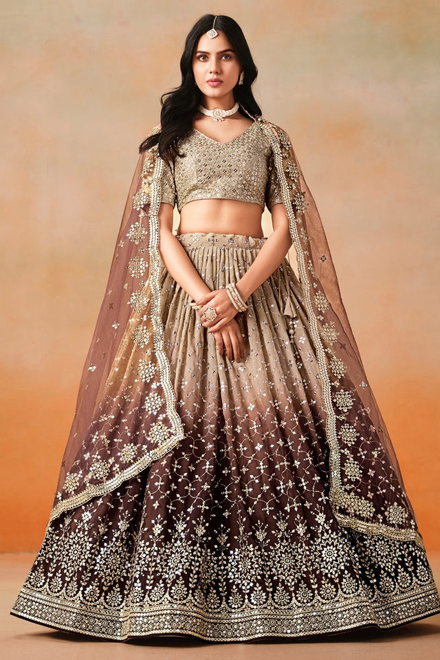 Brown Floral Sequin Georgette Lehenga