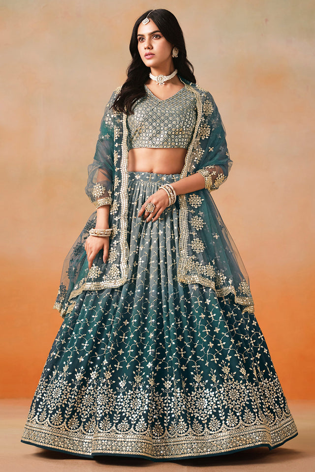 Green Floral Sequin Georgette Lehenga