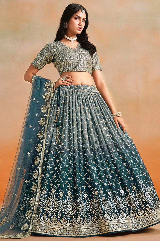 Green Floral Sequin Georgette Lehenga