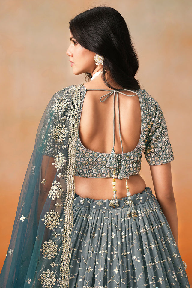 Green Floral Sequin Georgette Lehenga