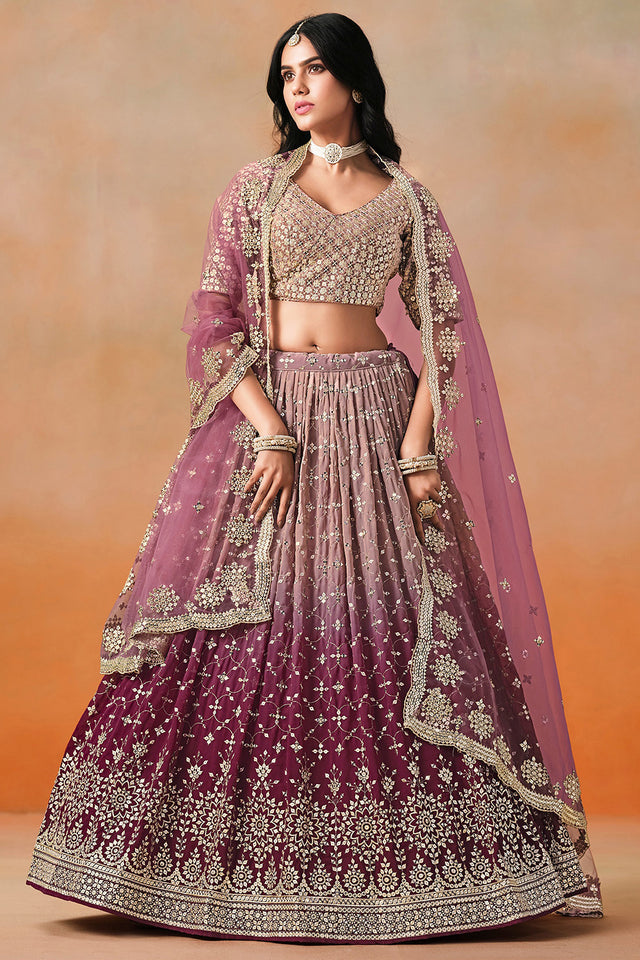 Multi Color Floral Sequin Georgette Lehenga (7086 Marron MEGHALYAZ)