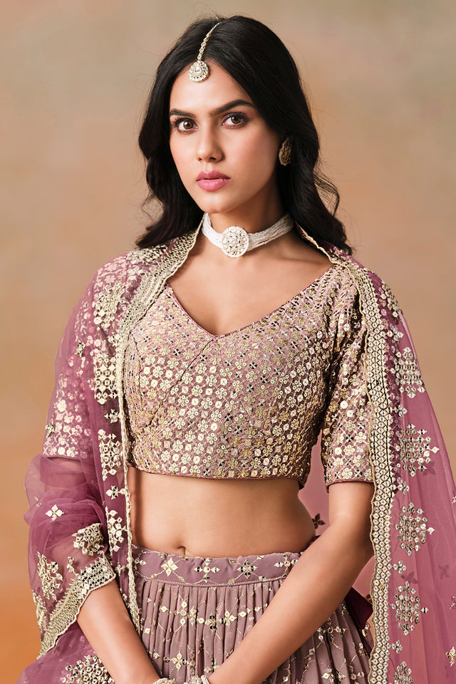 Multi Color Floral Sequin Georgette Lehenga (7086 Marron MEGHALYAZ)