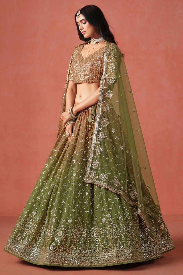 Brown Floral Sequin Georgette Lehenga