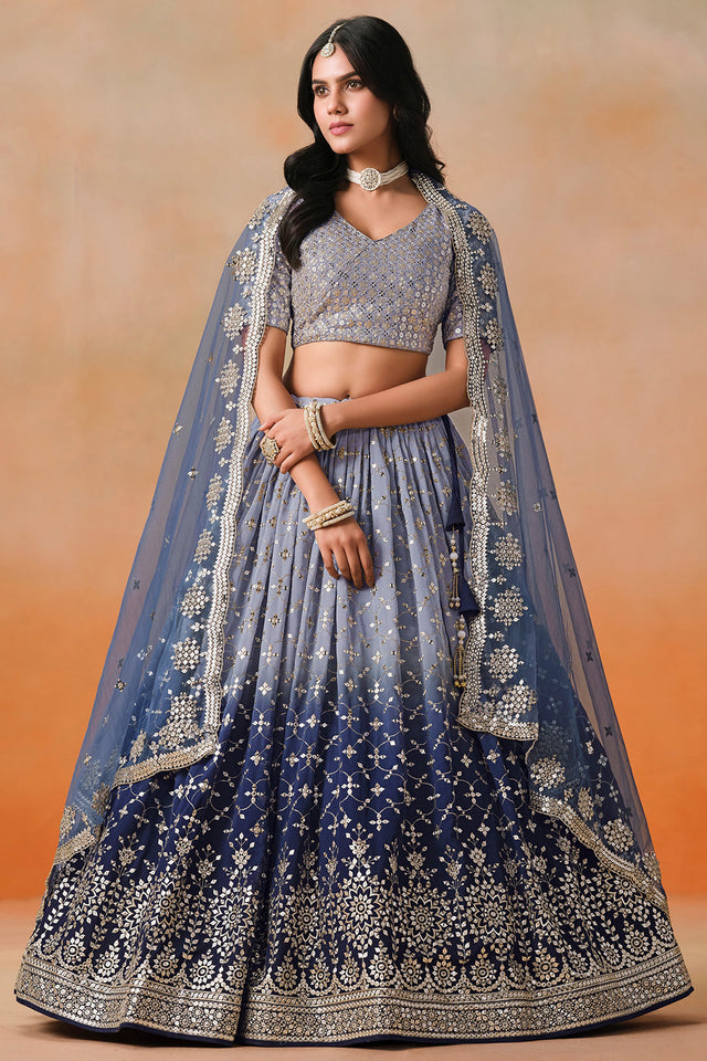 Navy Blue Floral Sequin Georgette Lehenga