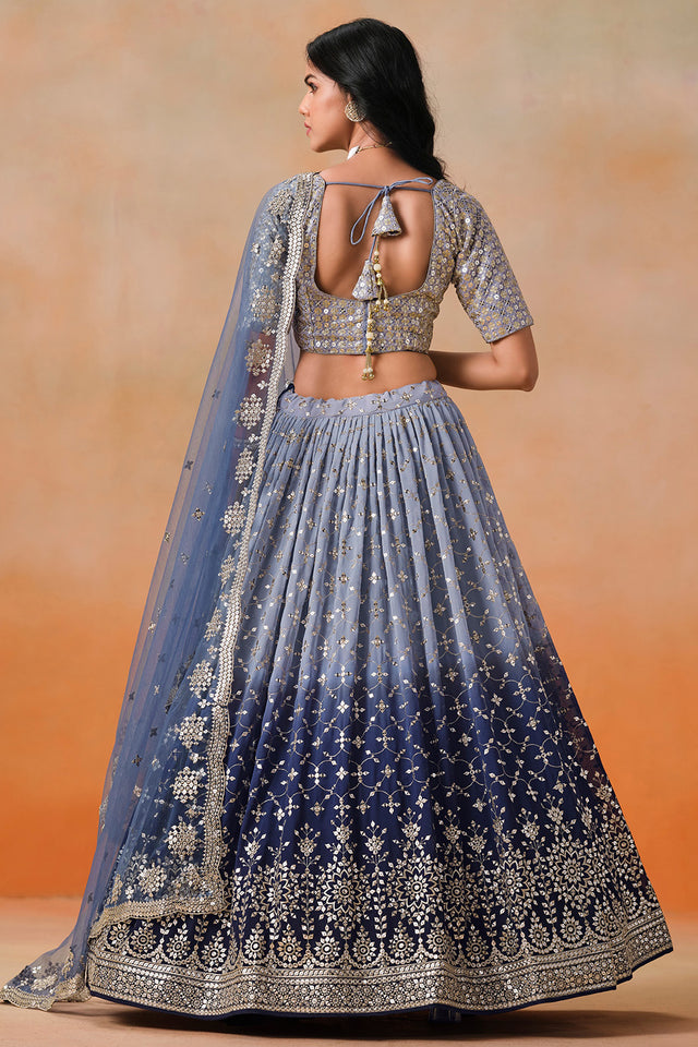 Navy Blue Floral Sequin Georgette Lehenga