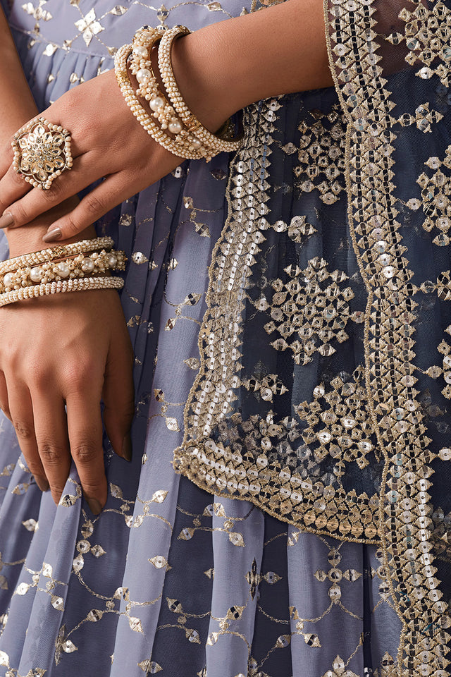 Navy Blue Floral Sequin Georgette Lehenga