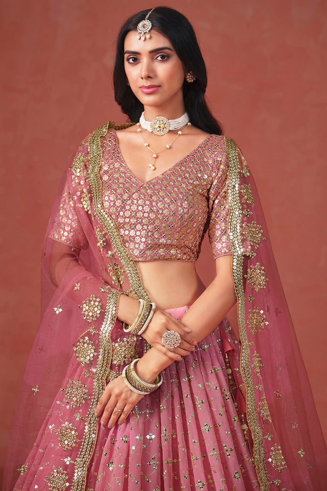 Peach Floral Sequin Georgette Lehenga
