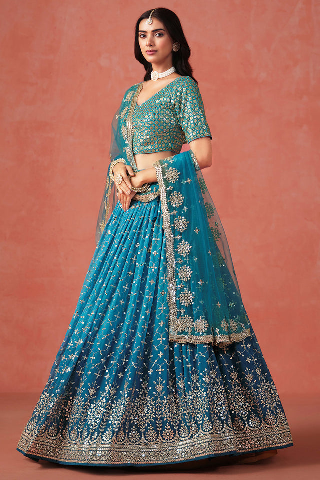 Turquoise Floral Sequin Georgette Lehenga