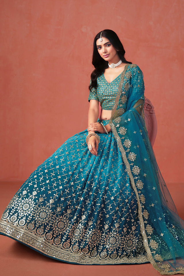 Turquoise Floral Sequin Georgette Lehenga