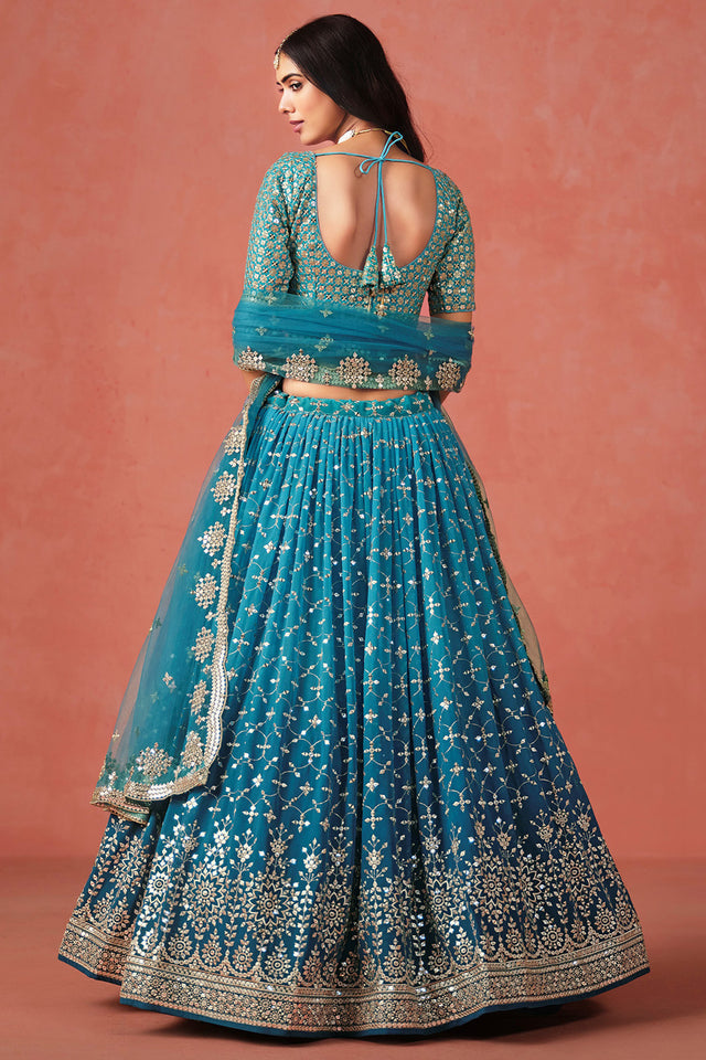 Turquoise Floral Sequin Georgette Lehenga