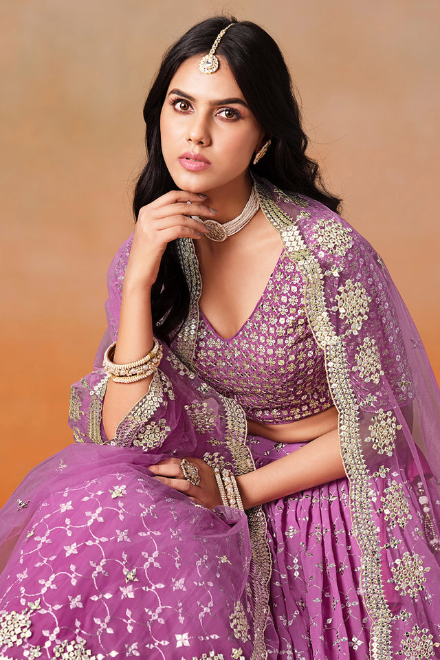 Pink Floral Sequin Georgette Lehenga