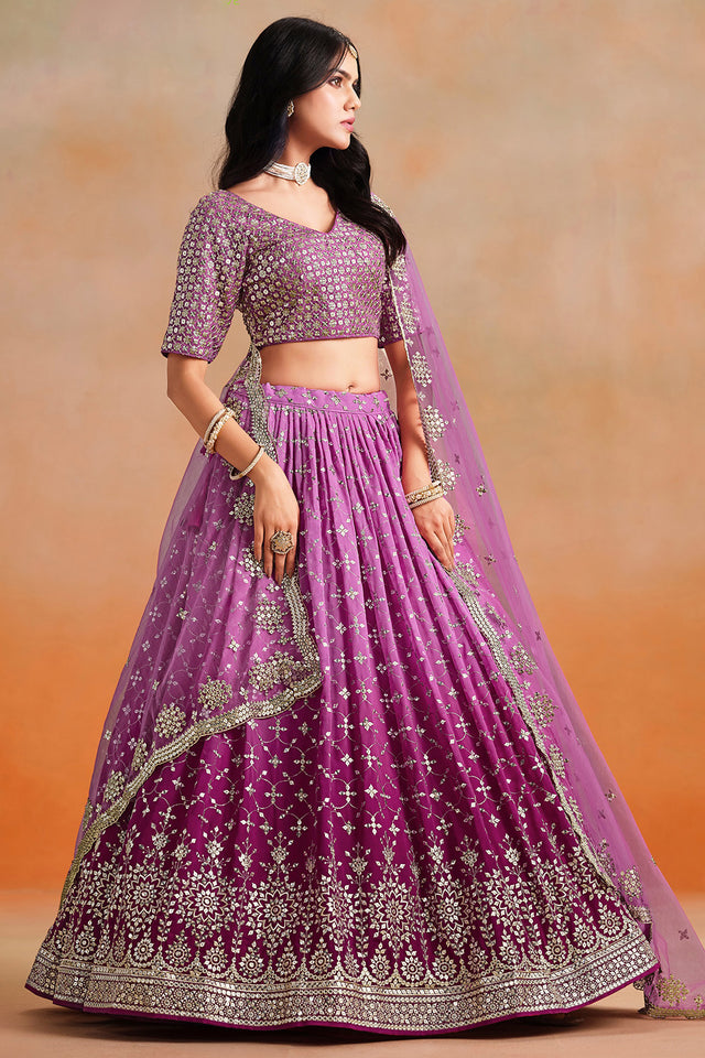 Pink Floral Sequin Georgette Lehenga