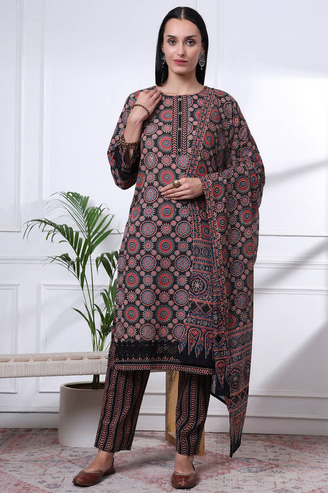 Black Ethnic Motifs Printed Cotton Straight Cut Suit Set