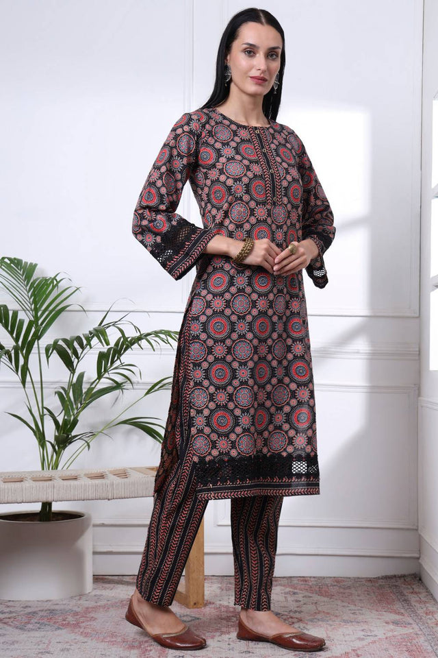 Black Ethnic Motifs Printed Cotton Straight Cut Suit Set