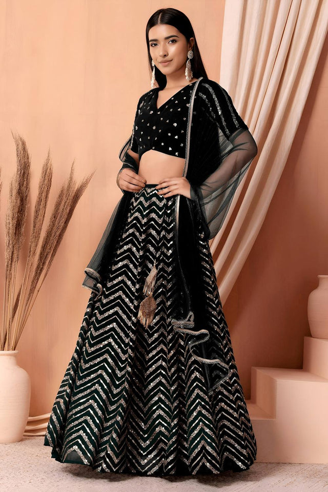 Black Sequin Georgette Lehenga (7094-Black)