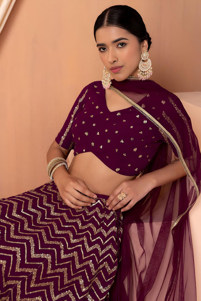 Maroon Sequin Georgette Lehenga (7094-Maroon)