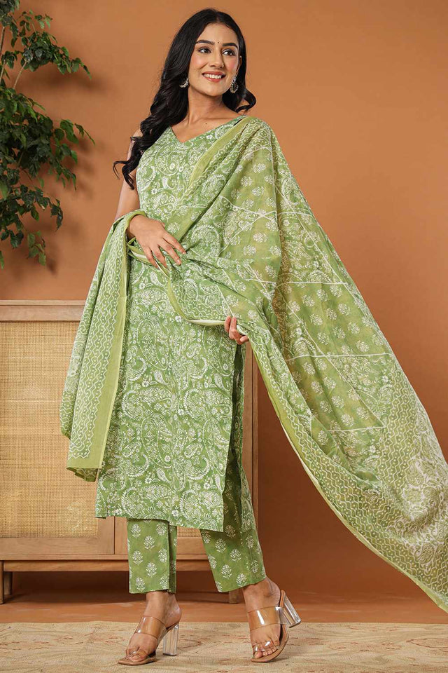 Green Floral Print Cotton Kurti Pant Set
