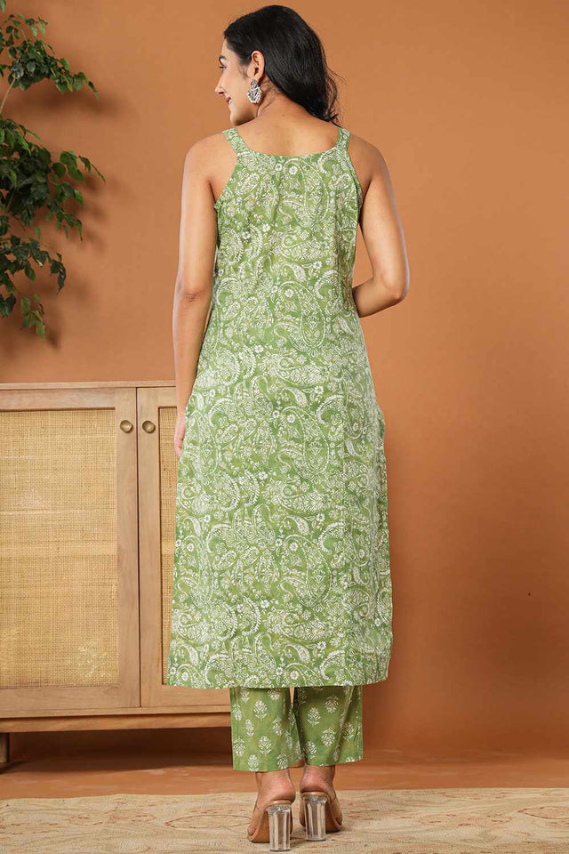 Green Floral Print Cotton Kurti Pant Set