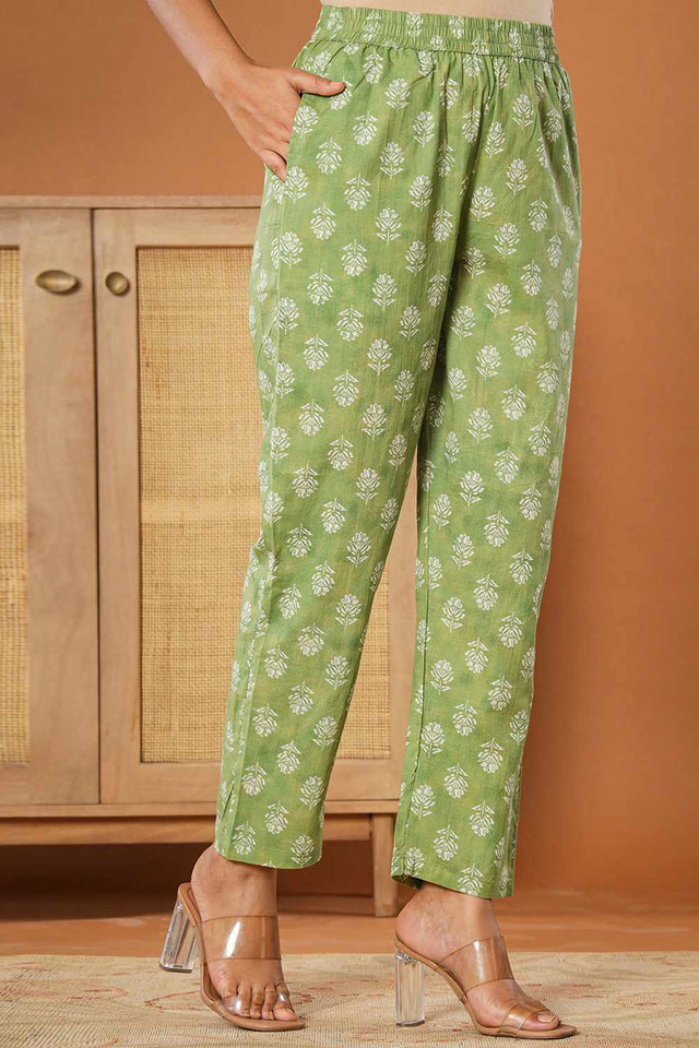 Green Floral Print Cotton Kurti Pant Set