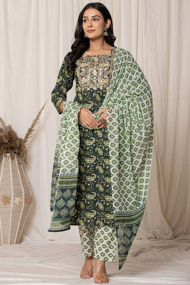 Green Paisley Printed Cotton Straight Cut Suit Set