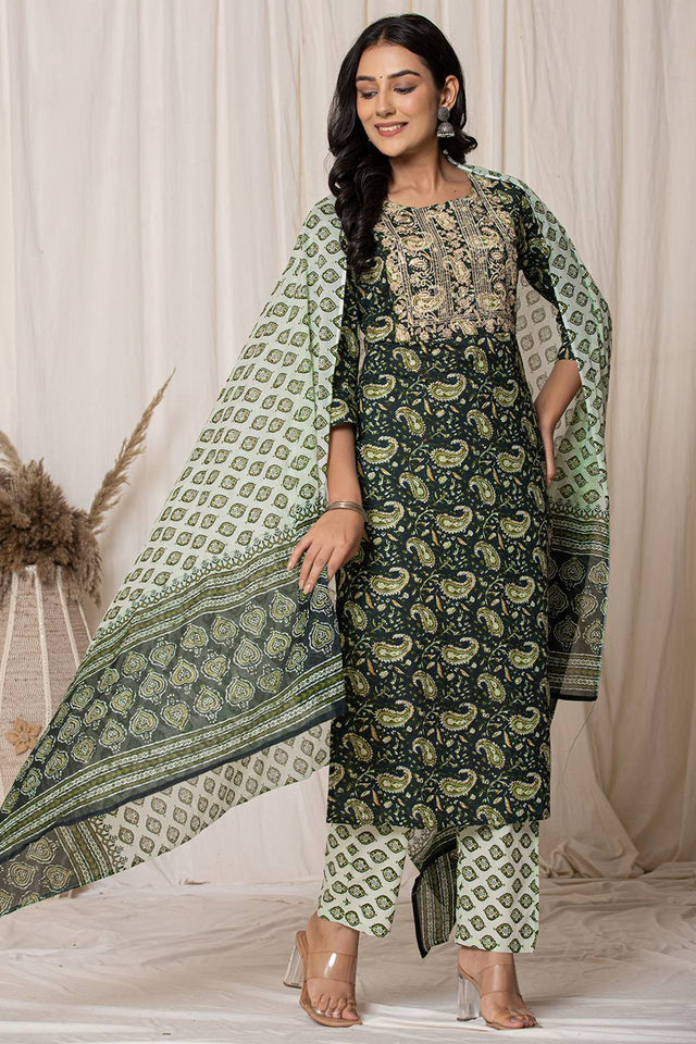 Green Paisley Printed Cotton Straight Cut Suit Set