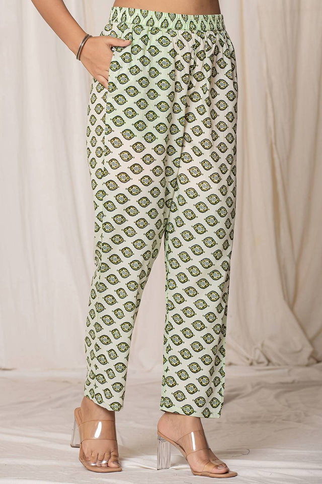 Green Paisley Printed Cotton Straight Cut Suit Set