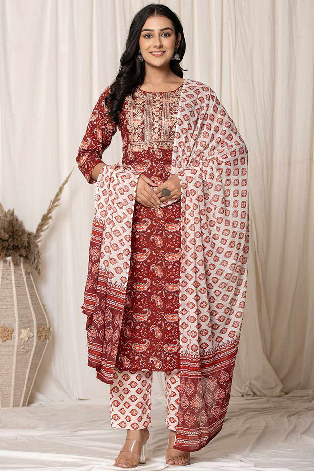 Maroon Paisley Print Cotton Kurti Pant Set