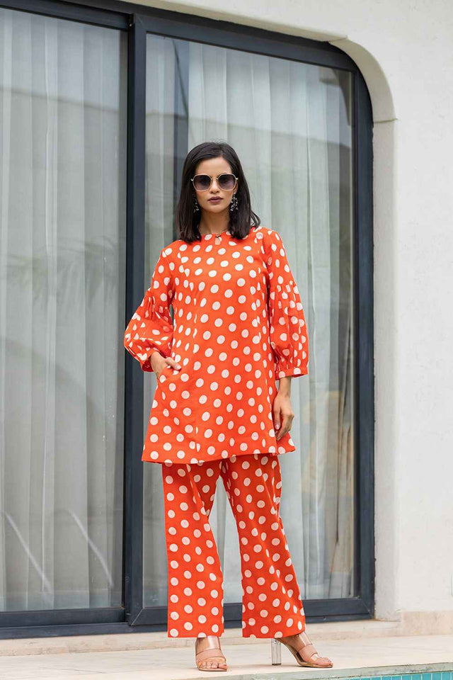 Orange Polka Dot Print Cotton Co-Ord Set