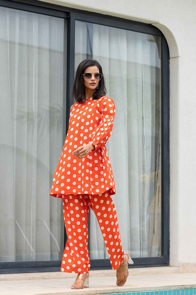 Orange Polka Dot Print Cotton Co-Ord Set