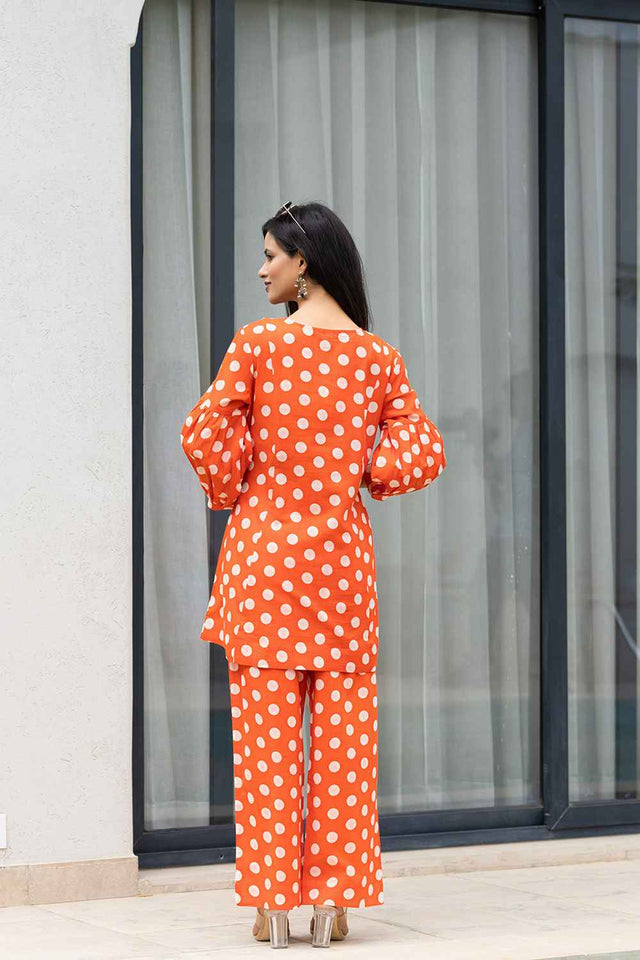 Orange Polka Dot Print Cotton Co-Ord Set