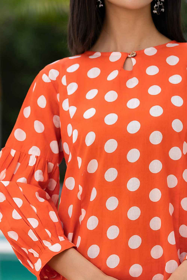 Orange Polka Dot Print Cotton Co-Ord Set