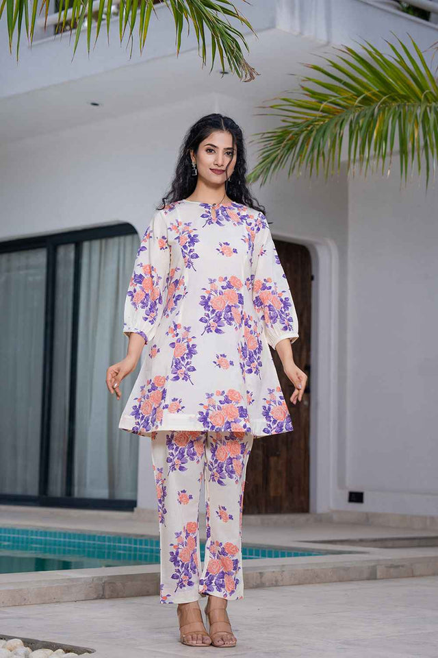 Orange Floral Print Cotton Co-Ord Set