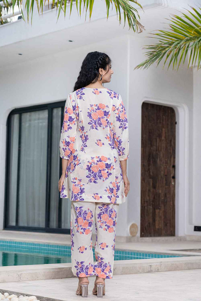Orange Floral Print Cotton Co-Ord Set