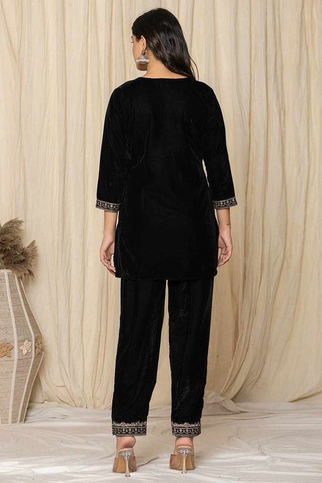 Black Embroidered Velvet Co-Ord Set (7158CRDBK)