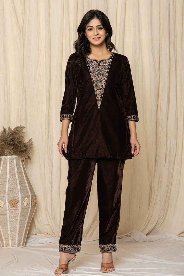 Brown Sequins Velvet Co-Ord Set (7158CRDBR)