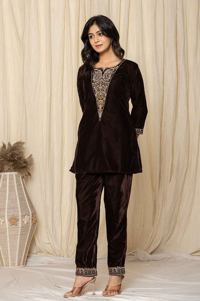 Brown Sequins Velvet Co-Ord Set (7158CRDBR)