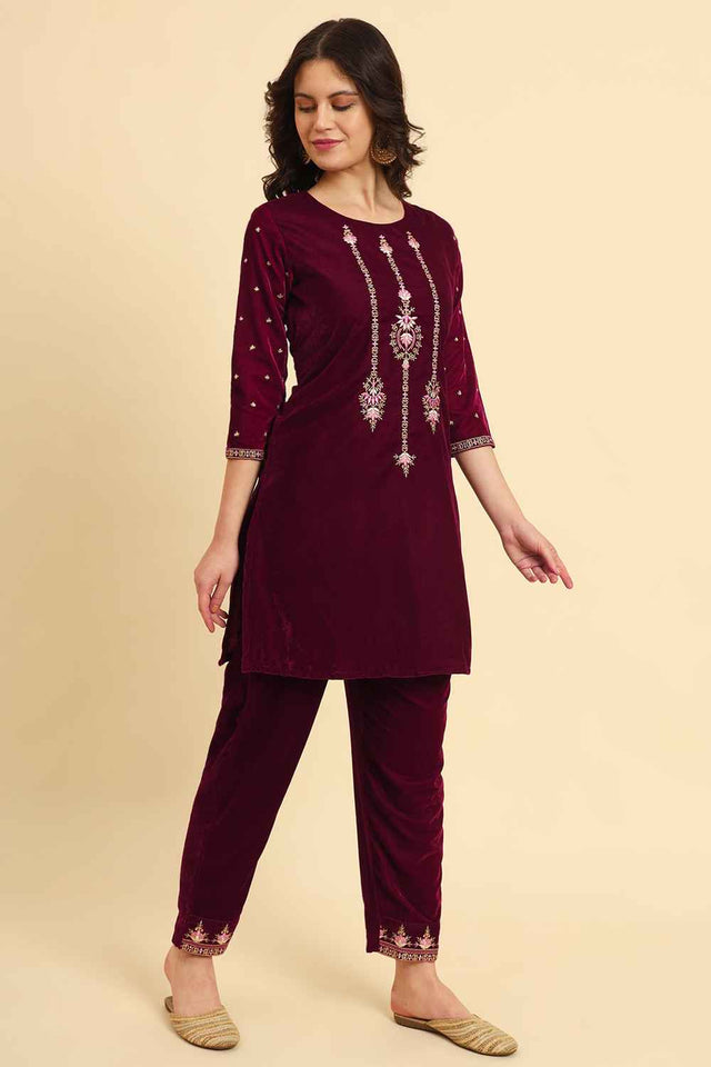 Magenta Zari Work Velvet Co-Ord Set (7160CRDMG)