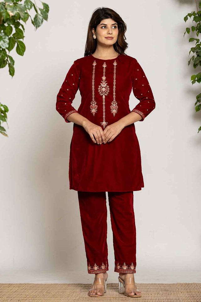Red Embroidered Work Velvet Co-Ord Set (7160CRDMR)