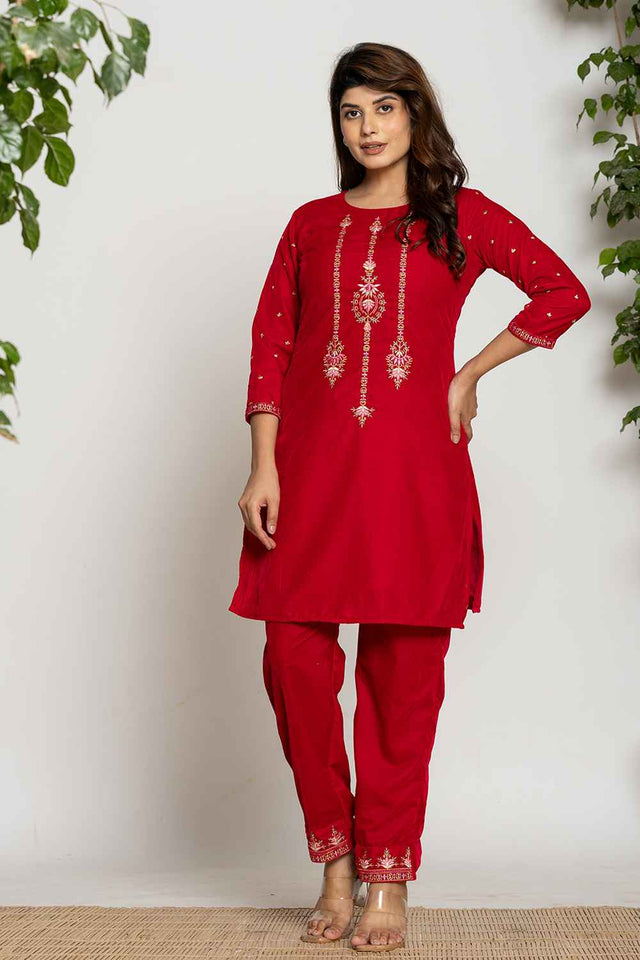 Pink Embroidered Work Velvet Co-Ord Set (7160CRDPK)