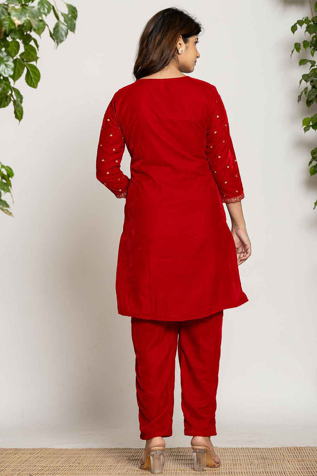 Red Embroidered Work Velvet Co-Ord Set (7160CRDRD)