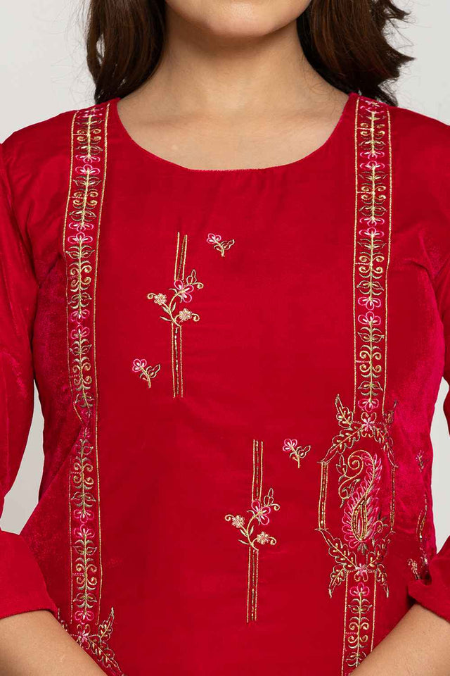 Pink Embroidered Work Velvet Co-Ord Set (7161CRDPK)