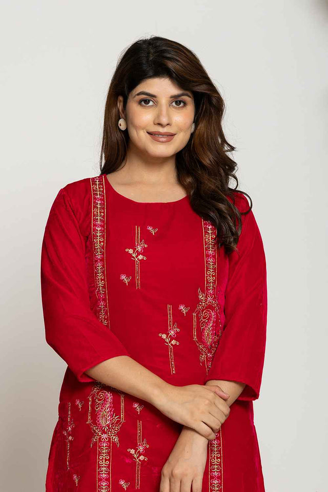 Pink Embroidered Work Velvet Co-Ord Set (7161CRDPK)