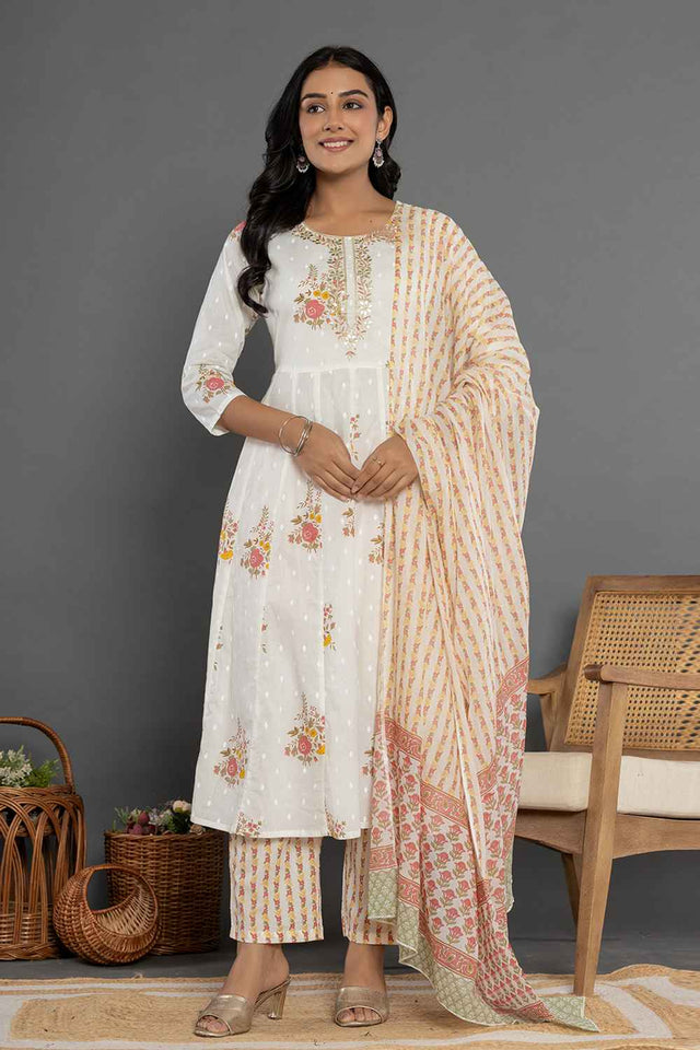 Multi-Color Floral Print Patch Work Pure Cotton Kurti Pant Set