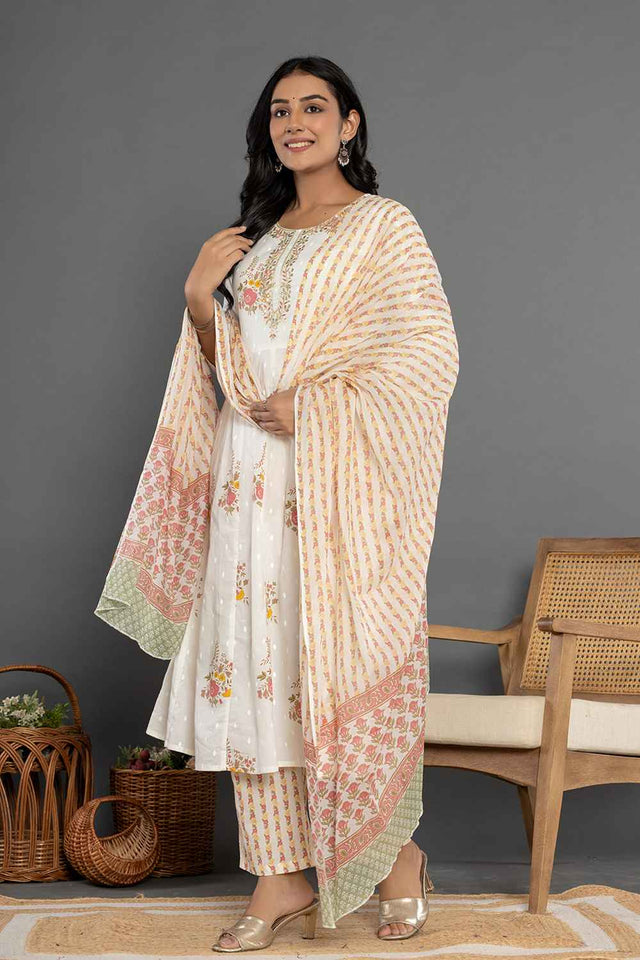 Multi-Color Floral Print Patch Work Pure Cotton Kurti Pant Set