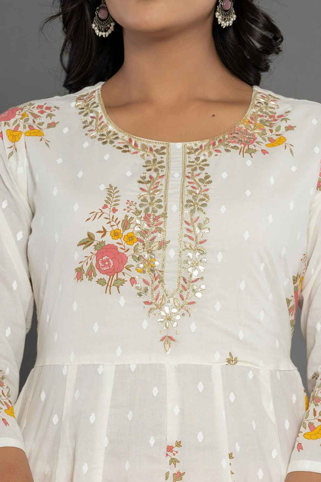 Multi-Color Floral Print Patch Work Pure Cotton Kurti Pant Set